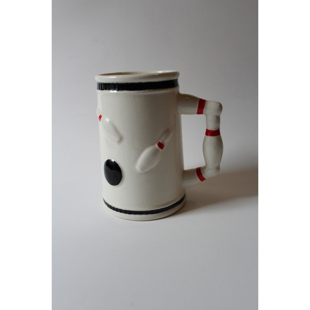 Handcrafted Bowling Pin Coffee Mug "250" White Red Ceramic